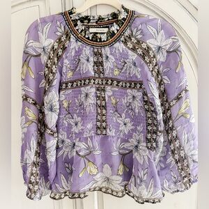 Aylaya Floral Smocked Boho Blouse Lavender Size M
